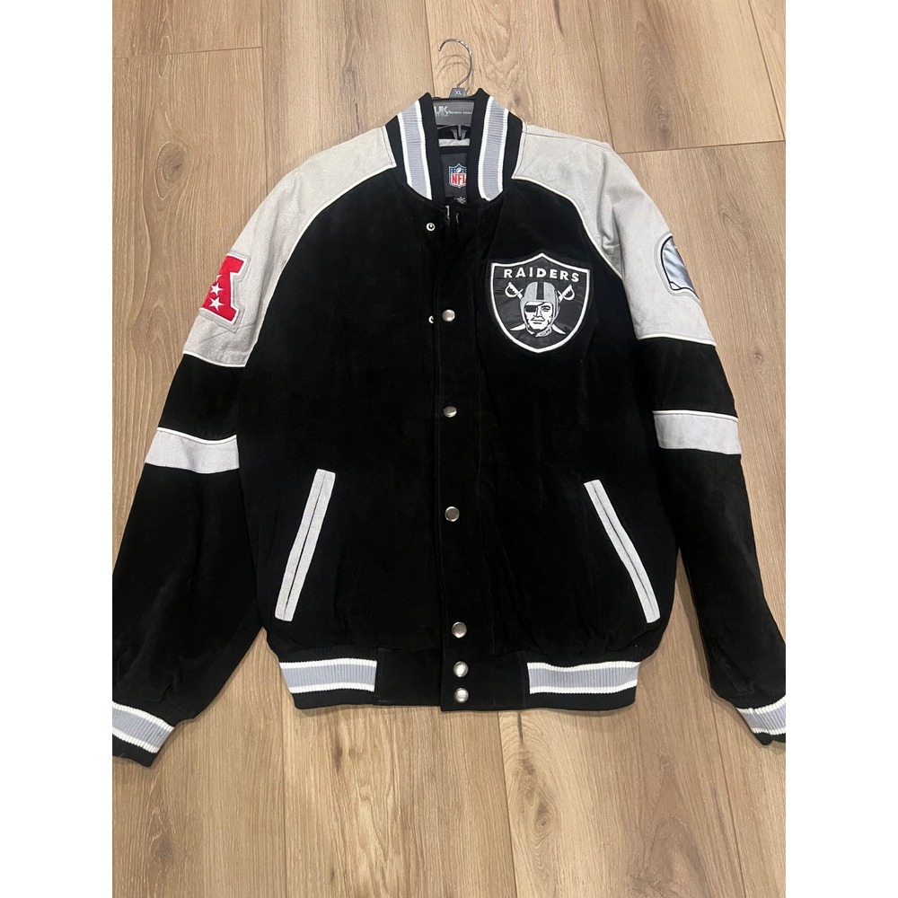 G-III Oakland Raiders NFL Mens M Suede Leather Varsity Jacket Embroidered